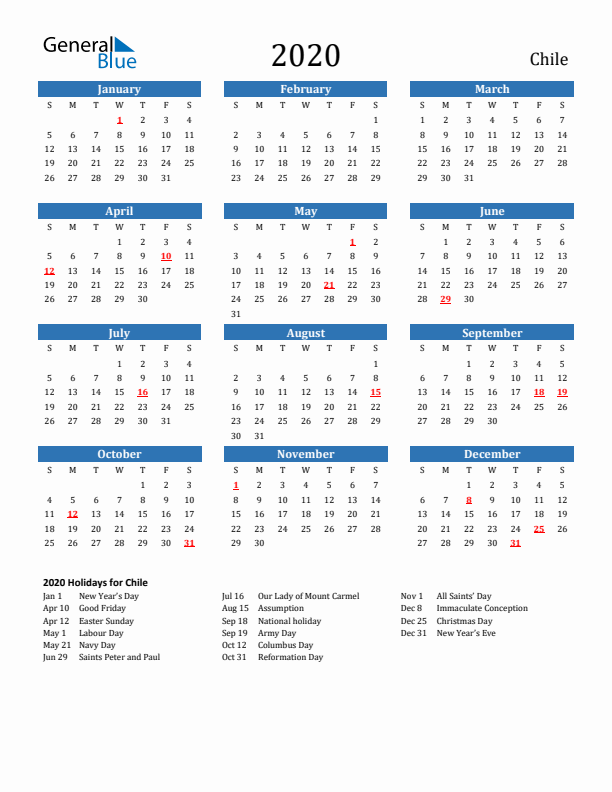 Chile 2020 Calendar with Holidays