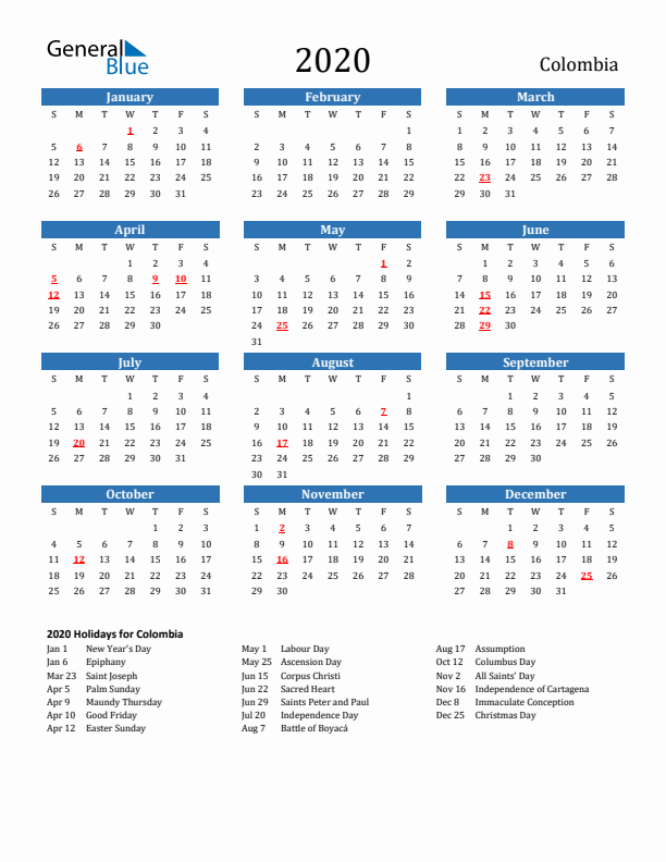 Colombia 2020 Calendar with Holidays