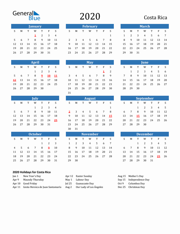 Costa Rica 2020 Calendar with Holidays