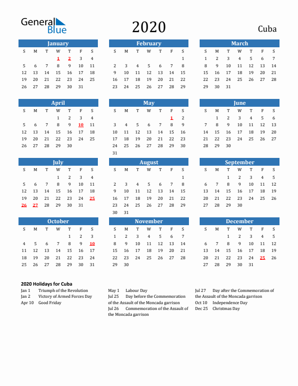 Cuba 2020 Calendar with Holidays