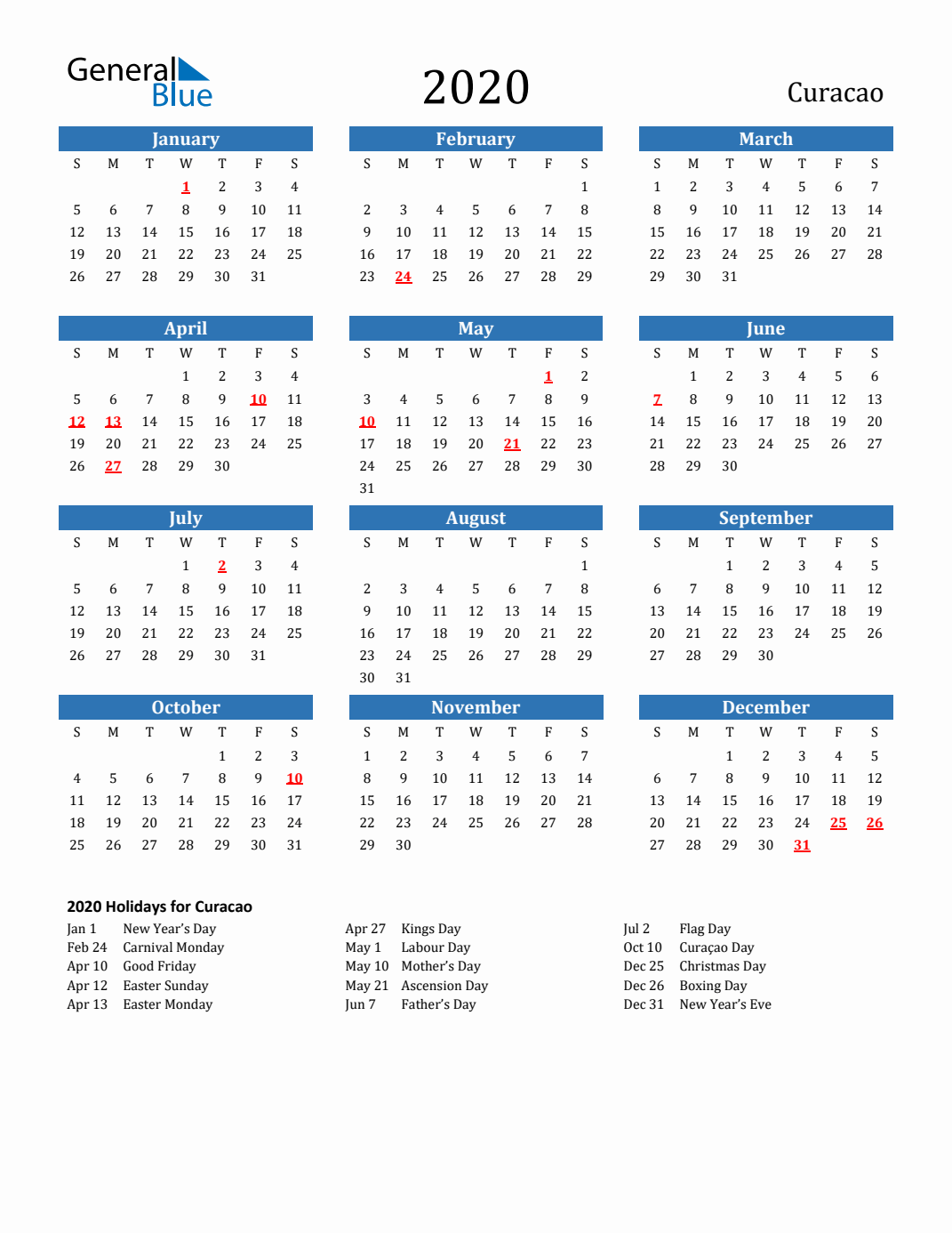 2020 Curacao Calendar with Holidays