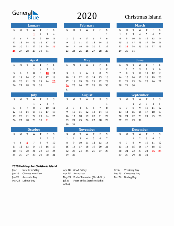 Christmas Island 2020 Calendar with Holidays