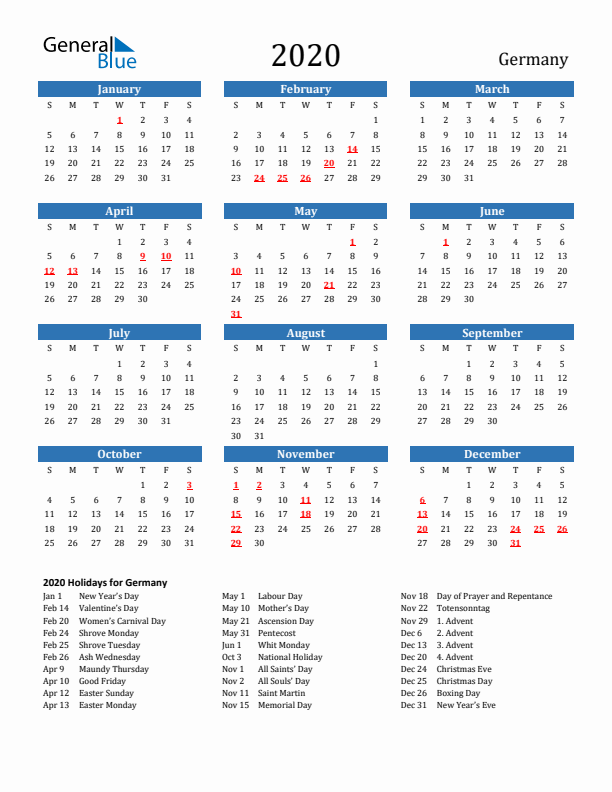 Germany 2020 Calendar with Holidays