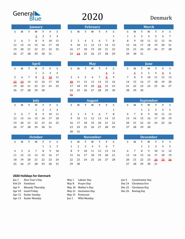 Denmark 2020 Calendar with Holidays
