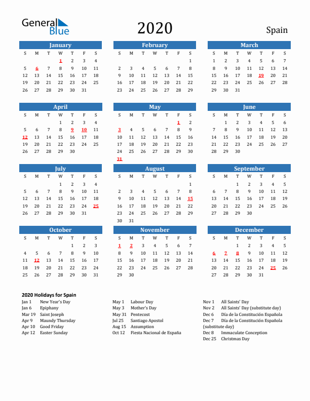 Spain 2020 Calendar with Holidays