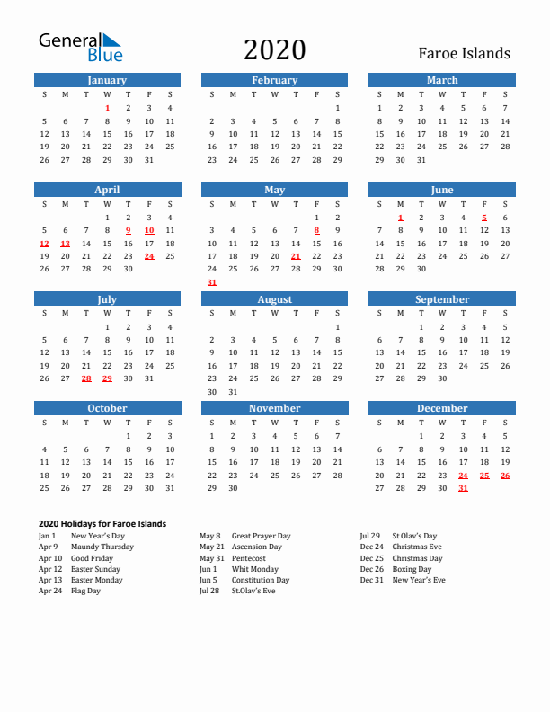 Faroe Islands 2020 Calendar with Holidays