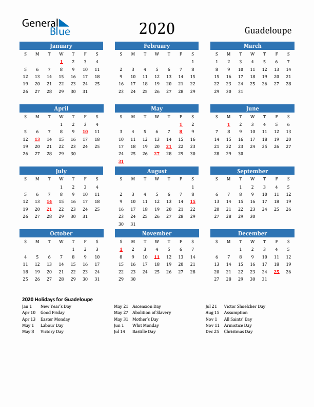 Guadeloupe 2020 Calendar with Holidays