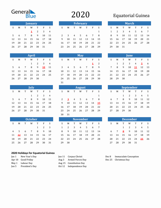 Equatorial Guinea 2020 Calendar with Holidays