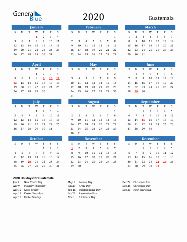Guatemala 2020 Calendar with Holidays