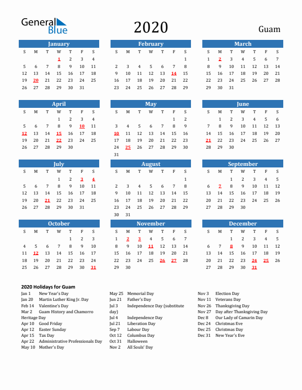 Guam 2020 Calendar with Holidays