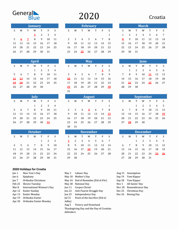 Croatia 2020 Calendar with Holidays