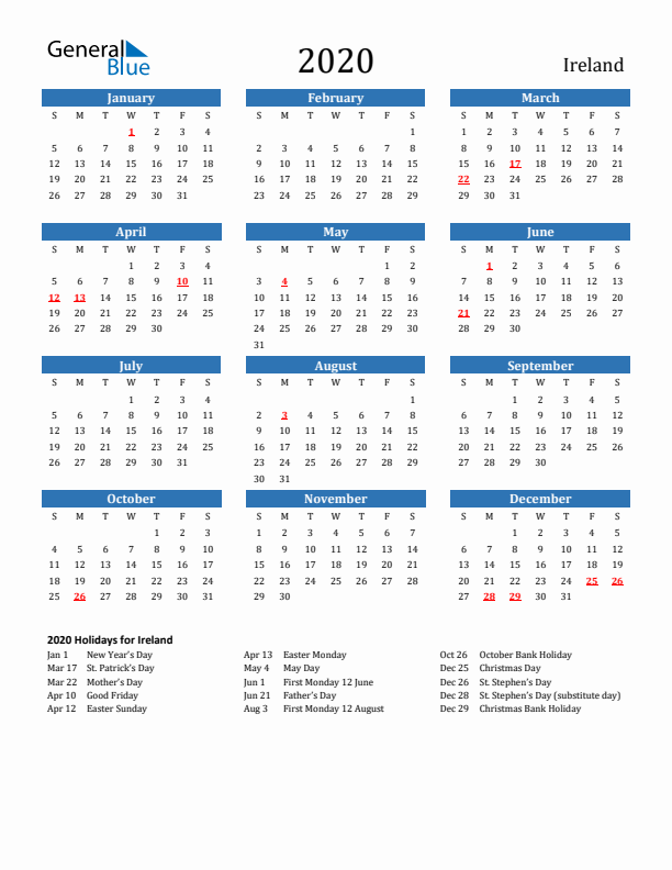 Ireland 2020 Calendar with Holidays