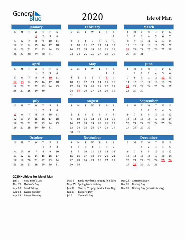 Isle of Man 2020 Calendar with Holidays