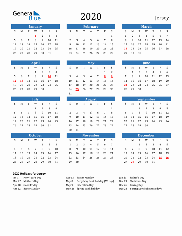 Jersey 2020 Calendar with Holidays