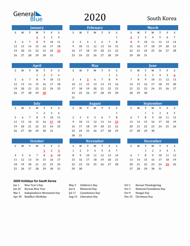 South Korea 2020 Calendar with Holidays