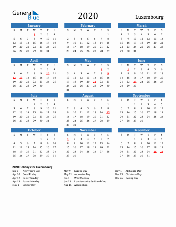 Luxembourg 2020 Calendar with Holidays