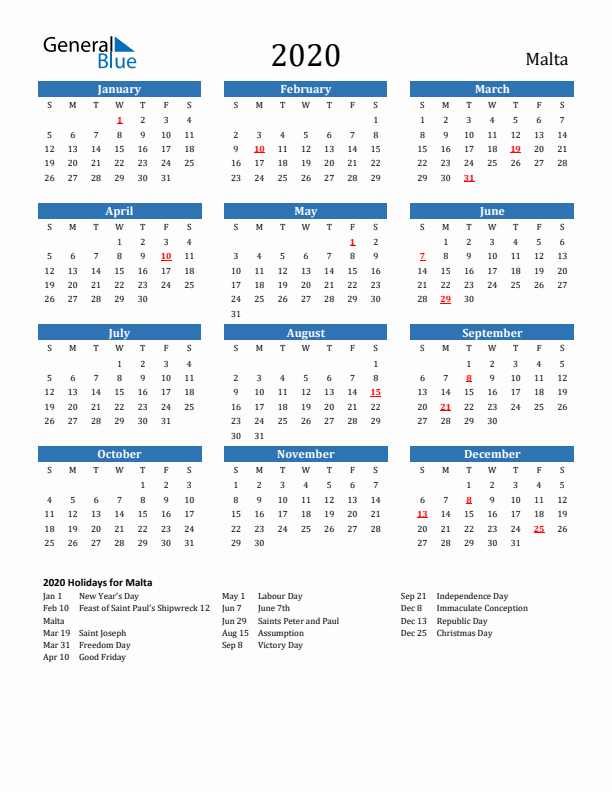 Malta 2020 Calendar with Holidays