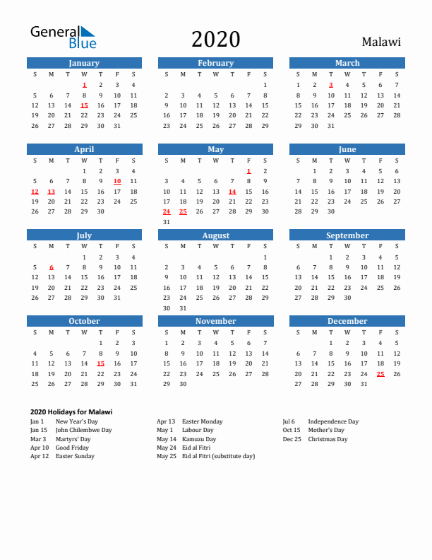 Malawi 2020 Calendar with Holidays