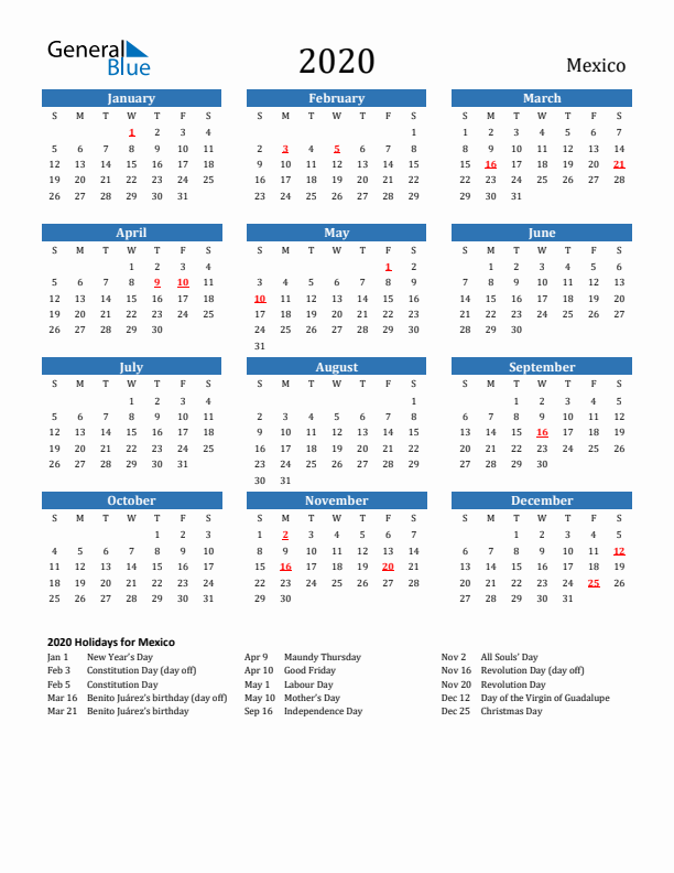 Mexico 2020 Calendar with Holidays