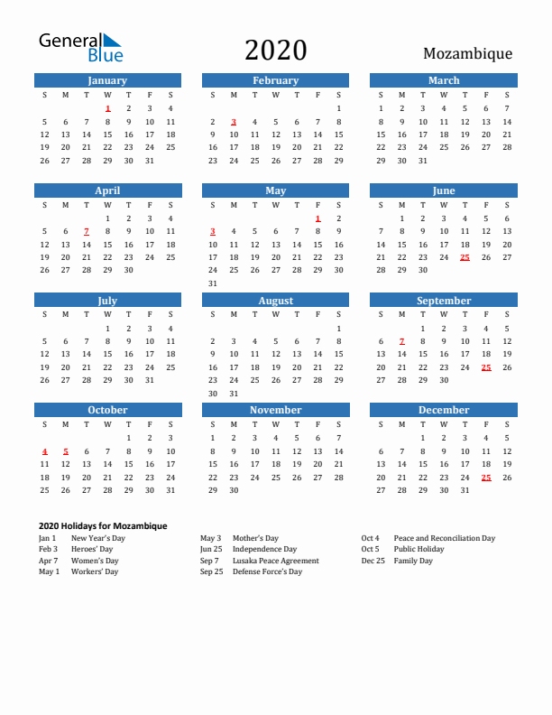 Mozambique 2020 Calendar with Holidays