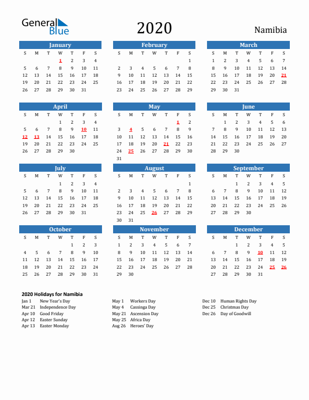 Namibia 2020 Calendar with Holidays