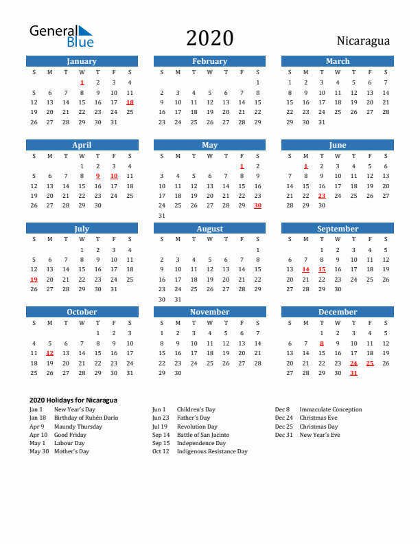 Nicaragua 2020 Calendar with Holidays