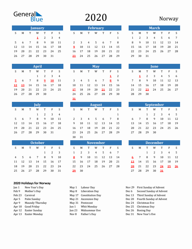 Norway 2020 Calendar with Holidays