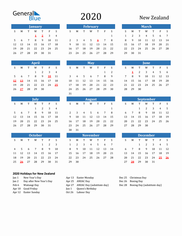 New Zealand 2020 Calendar with Holidays