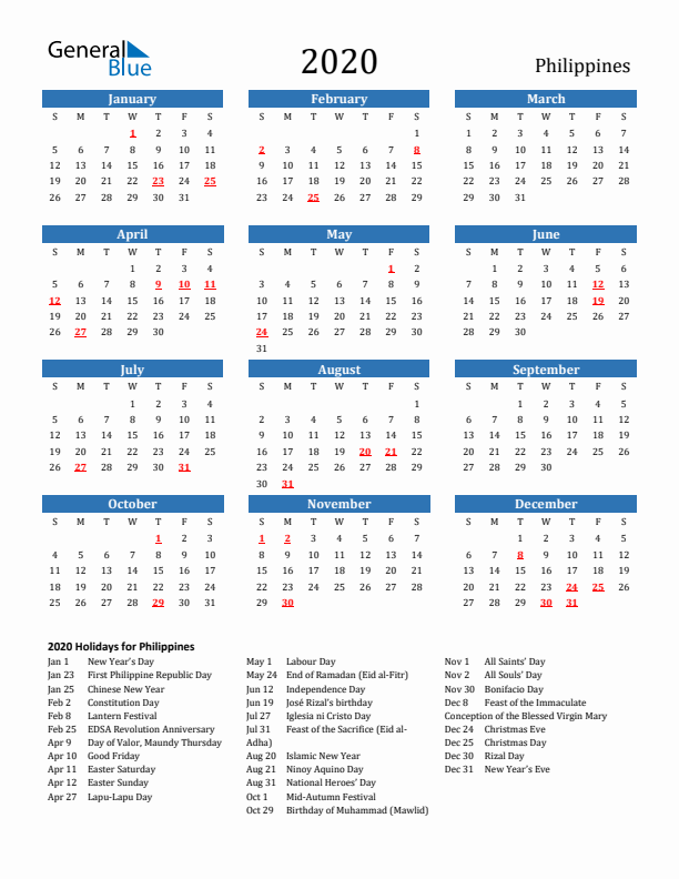 Philippines 2020 Calendar with Holidays