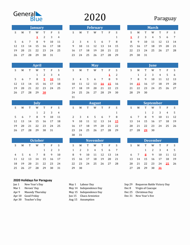 Paraguay 2020 Calendar with Holidays
