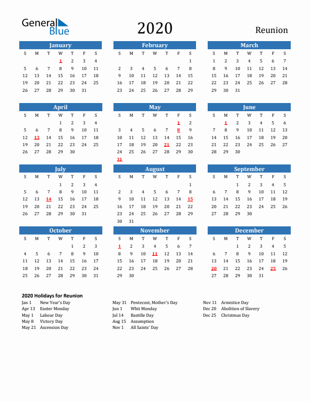Reunion 2020 Calendar with Holidays
