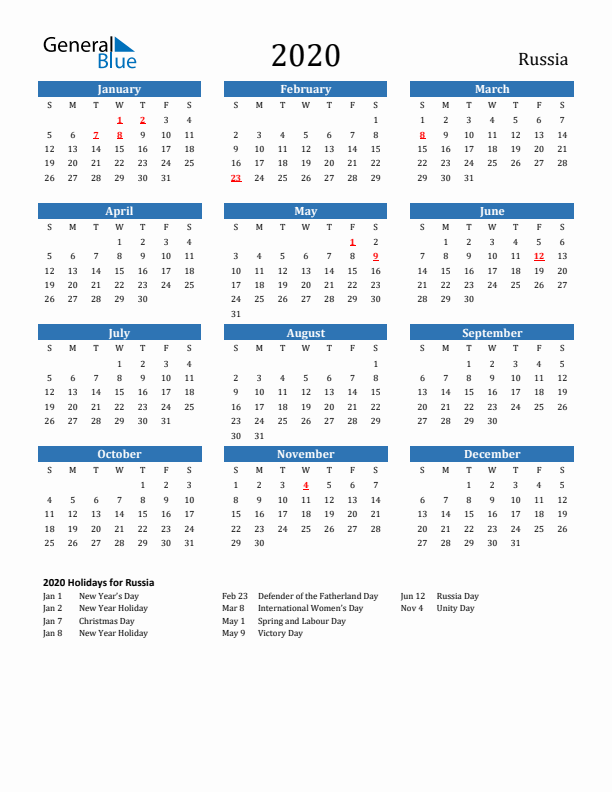 Russia 2020 Calendar with Holidays