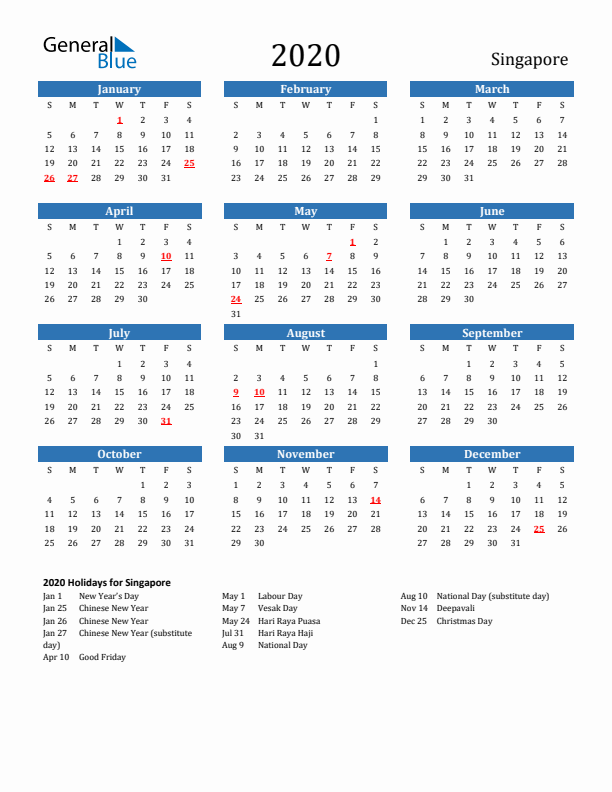 Singapore 2020 Calendar with Holidays