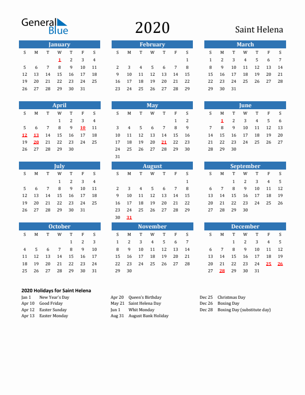 Saint Helena 2020 Calendar with Holidays