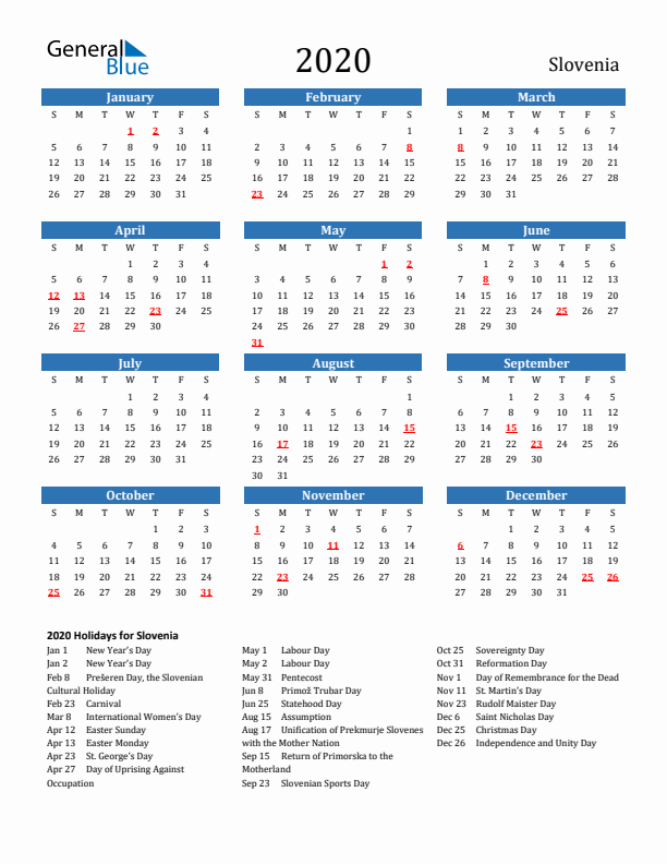 Slovenia 2020 Calendar with Holidays