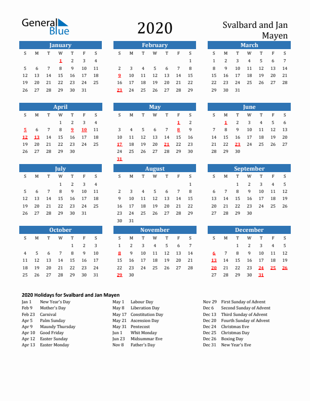 Svalbard and Jan Mayen 2020 Calendar with Holidays