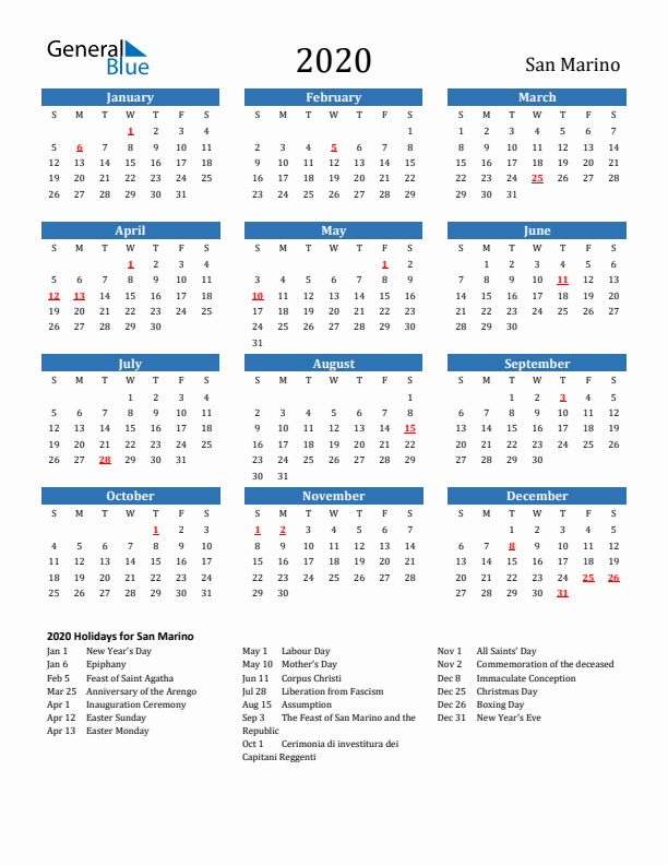 San Marino 2020 Calendar with Holidays