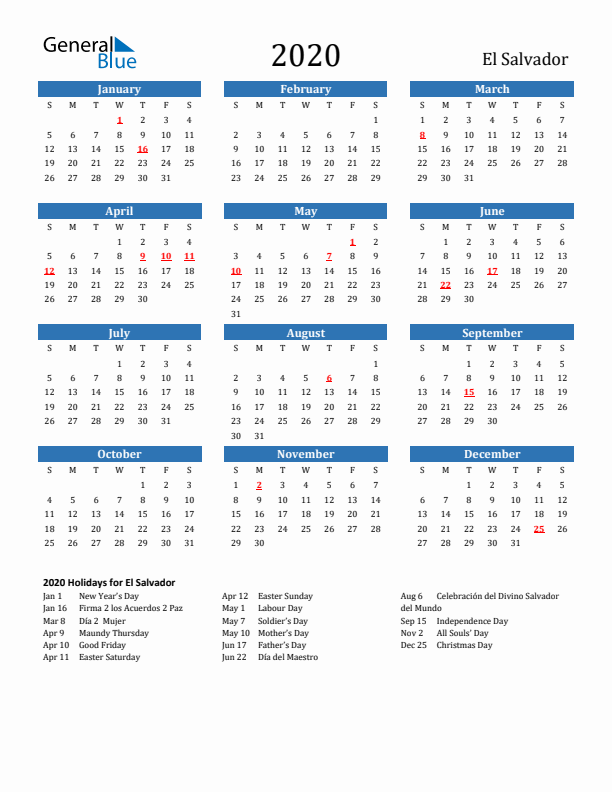 El Salvador 2020 Calendar with Holidays