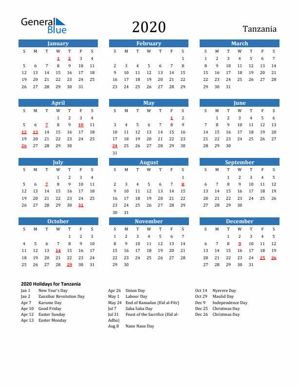 Tanzania 2020 Calendar with Holidays