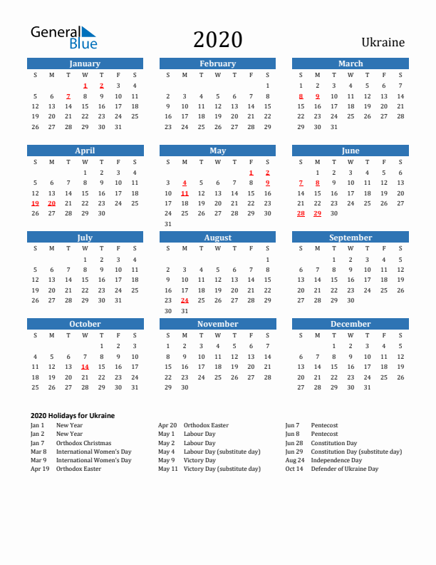Ukraine 2020 Calendar with Holidays