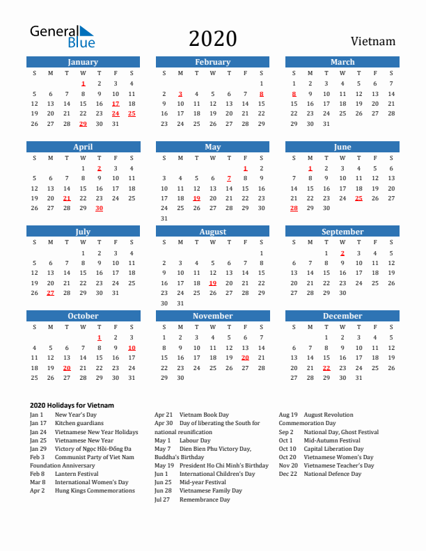Vietnam 2020 Calendar with Holidays