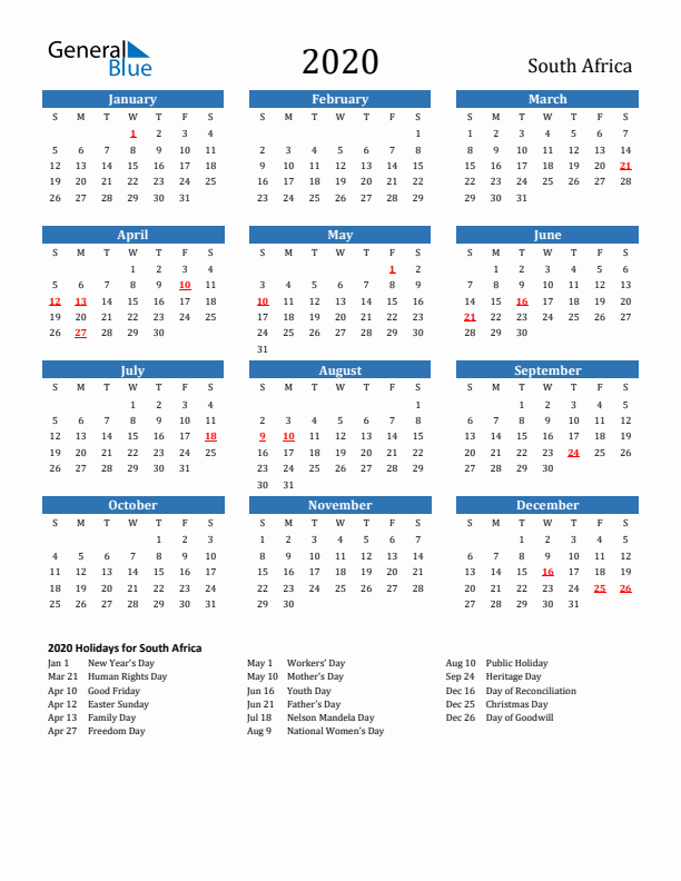 South Africa 2020 Calendar with Holidays