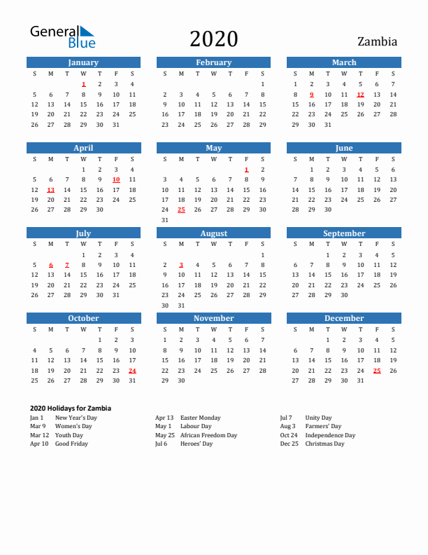 Zambia 2020 Calendar with Holidays