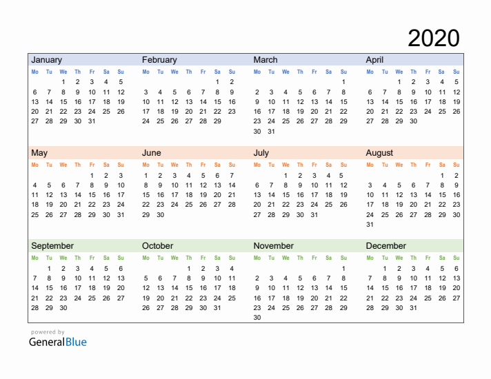 Free Downloadable 2020 Yearly Calendar Template 