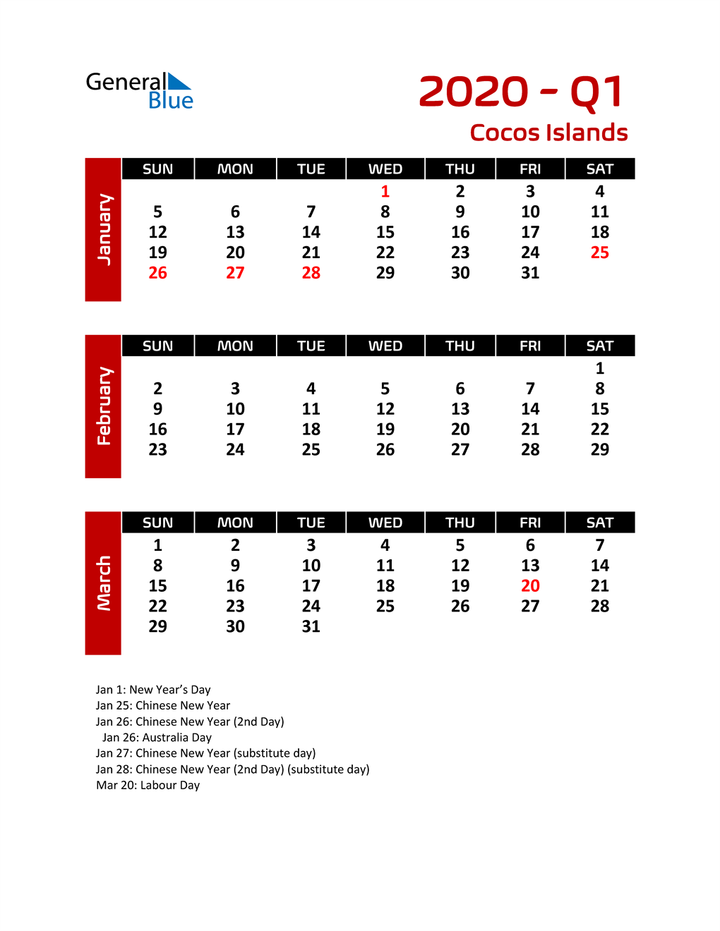  Q1 2020 Calendar with Holidays
