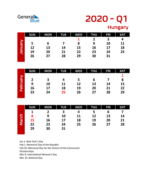  Q1 2020 Calendar with Holidays