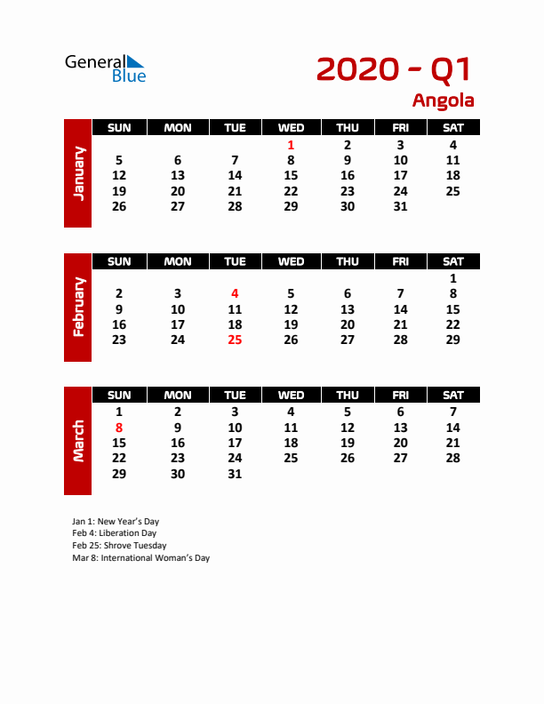 Q1 2020 Calendar with Holidays