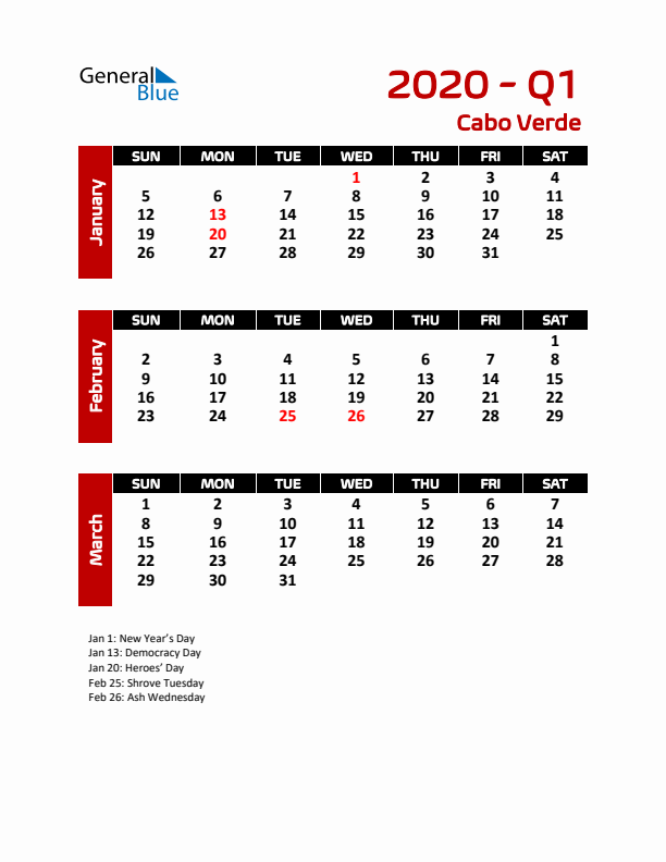 Q1 2020 Calendar with Holidays