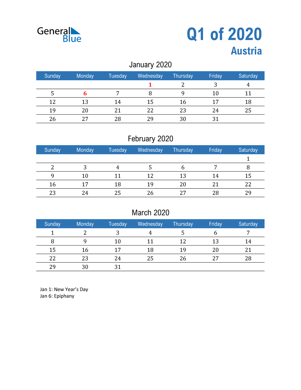  Austria 2020 Quarterly Calendar 