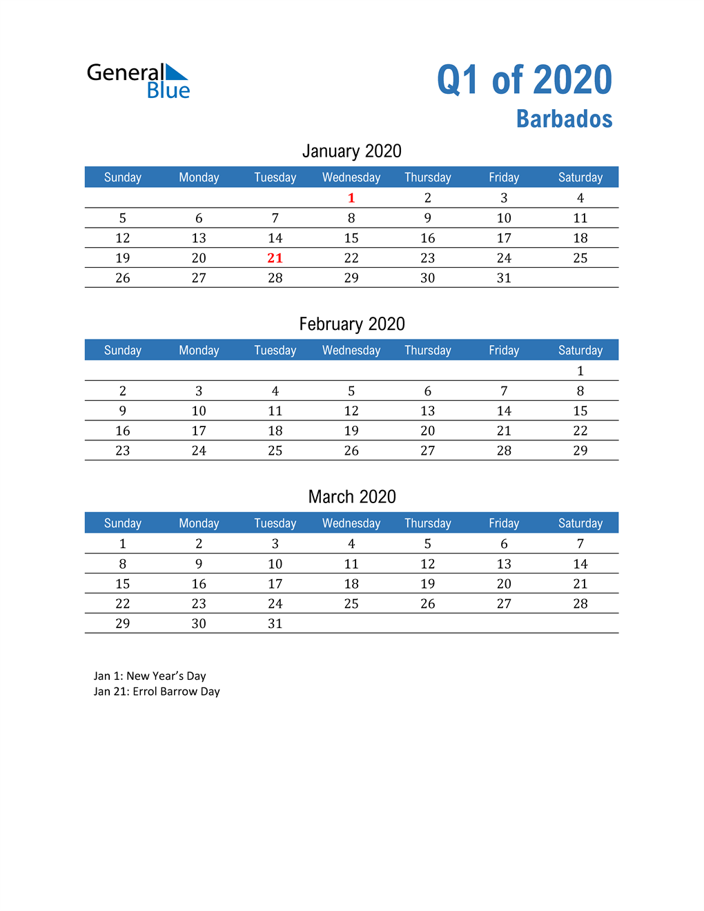  Barbados 2020 Quarterly Calendar 